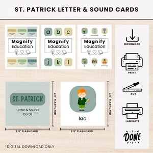 May include: St. Patrick's Day themed letter and sound cards. The cards are 2.5 inches square and feature the text "St. Patrick Letter & Sound Cards" and "Magnify Education". One card shows a cartoon lad holding an Irish flag.