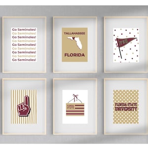 Cute Girly FSU Wall Art Set of 6, Florida State University Posters, FSU Seminoles Dorm Decor, Tallahassee Florida, College Apartment Prints