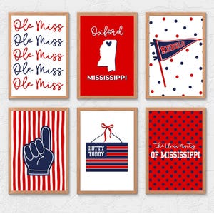 Cute Girly Ole Miss Wall Art Set of 6, University of Mississippi Dorm Decor, Ole Miss Rebels Wall Prints, Oxford Mississippi Prints