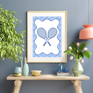 Preppy Wall Art Tennis Poster, Blue Tennis Print, Cute Girly Wall Art, Tennis Art, Argyle Tennis Print