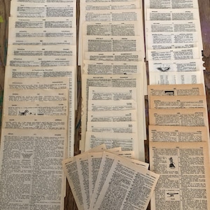 May include: A selection of aged dictionary pages, organised in piles and fanned out. The pages are yellowed, showing words and definitions in black ink. Some pages have deckled edges, enhancing the vintage appearance. The layout implies a craft or collage project, with a rustic feel.