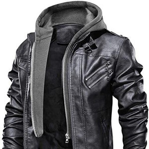 Men’s Handmade Black Motorcycle Vintage Distressed Real Biker Leather Jacket with Removable Bomber Hoodie
