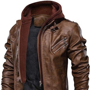 Men’s Handmade Brown Motorcycle Vintage Distressed Real Biker Leather Jacket with Removable Bomber Hoodie