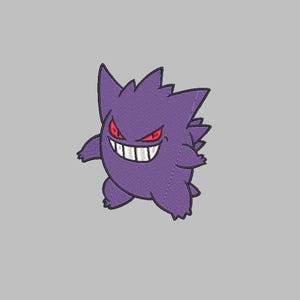 May include: Purple cartoon ghost with a mischievous grin and red eyes. The ghost has a spiky, pointed head and a rounded body.