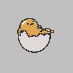 May include: A yellow cartoon egg character with a cracked shell, lying on its back inside a white eggshell.
