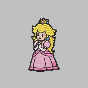 Puede incluir: Una ilustración de dibujos animados de la princesa Peach de la serie de videojuegos Super Mario Bros. Lleva un vestido rosa con una corona amarilla y pendientes azules.
