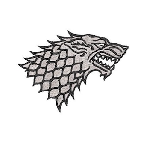 May include: A black and white embroidered patch of a wolf's head with a snarling expression. The wolf's fur is depicted with a textured pattern.