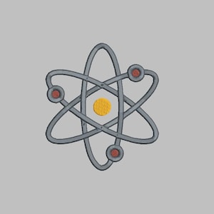 May include: A stylized gray atom with three red circles and a yellow circle in the center.