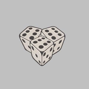 May include: Three white dice with black dots, arranged in a heart shape.