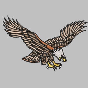 Może przedstawiać: Brązowy i biały orzeł z rozpostartymi skrzydłami, lecący w dół. Orzeł ma białą głowę i żółty dziób.