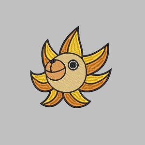 May include: A yellow and orange sun with a cartoon face, resembling a lion, with a black outline. The sun has a large, round, orange nose and two black eyes.