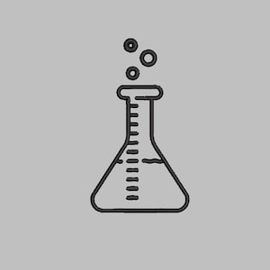 May include: An embroidered design of a laboratory Erlenmeyer flask with graduated markings and three bubbles rising from the top. The flask is black and the background is gray.