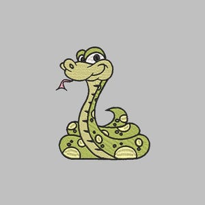 May include: A cartoon green snake with a pink tongue, curled up with a spotted pattern.