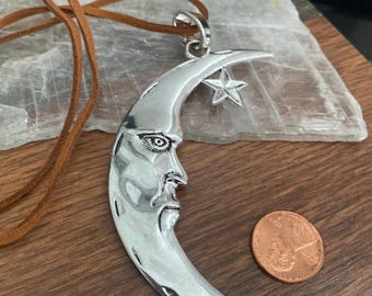 Large Silver Pewter Man in the Moon Necklace Unisex Leather Cord