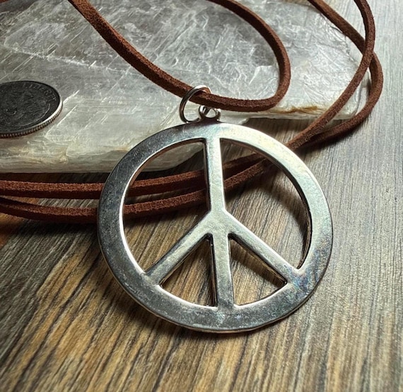 Boho Silver Pewter Large 1.5” Peace Sign Pendant Necklace