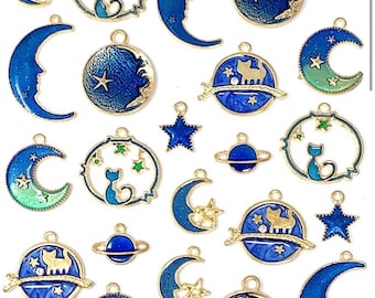 24 Assorted Gold plated Enamel Celestial Moon Charms