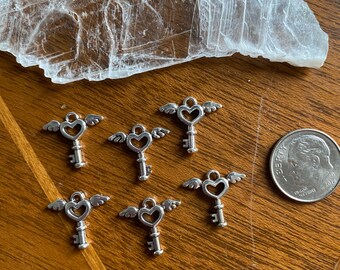 6 Silver Pewter Angel Key to my heart Charms