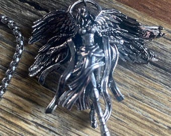 Silver Pewter Goth 3D Angel Wings Love Protection Pendant Necklace