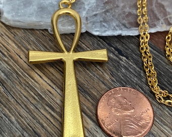 Gold Egyptian Goth Ankh Pendant Necklace