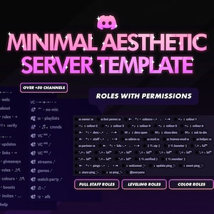 Könnte beinhalten: Eine digitale Servervorlage mit minimalistischer Ästhetik, die ein rosa und lila Farbschema aufweist. Das Design umfasst Kanal-Kategorien, Rollen und Berechtigungen, mit dem Text "MINIMAL AESTHETIC SERVER TEMPLATE" in einer leuchtenden Schriftart. Die Vorlage bietet über 50 Kanäle.