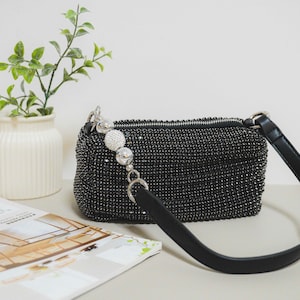 Sparkly Shoulder Bag with Zip | Clutch | Glitter | Rhinestones | Black, Silver| Mini Shoulder Bag| Glamorous Bags| Clutch Handbag for Women