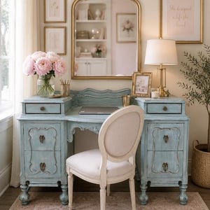 May include: A light blue wooden vanity desk with multiple drawers and ornate metal pulls, paired with a cream-colored upholstered chair. The desk features a laptop, a glass vase with pink peonies, a gold lamp, and a large arched gold-framed mirror.