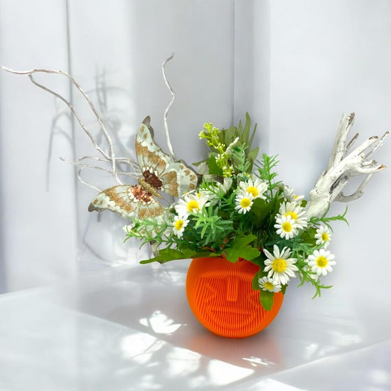 Lustige Vase Mit Smiley-Gesicht – 3D-gedruckt, Orange, Rund, Für Trockenblumen & Deko, 11,9 X 9,6 Cm