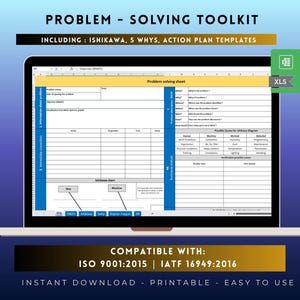 Op de afbeelding: Een digitale probleemoplossingstoolkit weergegeven op een laptopscherm, met een Excel-spreadsheet met secties voor Ishikawa, 5 Whys en actieplan-sjablonen. De interface bevat koppen voor probleemomschrijving, hoofdoorzaakanalyse en corrigerende acties.