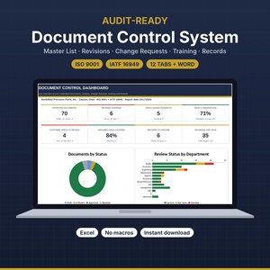 May include: A laptop screen displaying an Audit-Ready Document Control System dashboard. The interface shows metrics for ISO 9001 and IATF 16949 standards, including a donut chart for document status and a bar graph for review status by department.