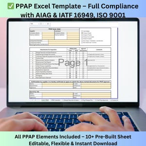 Może przedstawiać: Laptop wyświetlający szablon PPAP Excel z listą kontrolną. Ekran pokazuje formularz z sekcjami na informacje o dostawcy i kliencie, załączniki do inspekcji i poziomy PPAP. Tekst na dole brzmi: "All PPAP Elements Included - 10+ Pre-Built Sheet".