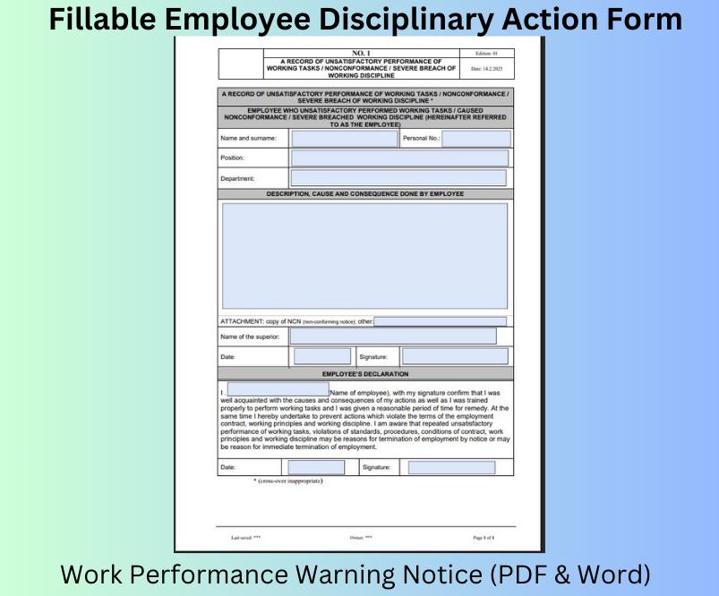 Fillable Employee Disciplinary Action Form | Unsatisfactory Work Performance & Disciplinary Action Form (PDF , Word) Warning Notice, HR