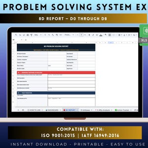 Może przedstawiać: Ekran laptopa wyświetlający arkusz kalkulacyjny Excel 8D Problem Solving System. Interfejs pokazuje szablon raportu 8D z sekcjami od D0 do D8, w tym pola dotyczące działań awaryjnych i tworzenia zespołu, wraz z ikoną pliku XLS.