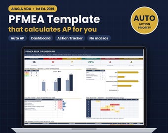 Pode incluir: Um modelo PFMEA digital exibido na tela de um laptop, apresentando um painel de risco AIAG & VDA 1st Ed. 2019 com gráficos, rastreadores de ações e uma calculadora de prioridade de ação automática e mapas de calor de risco.