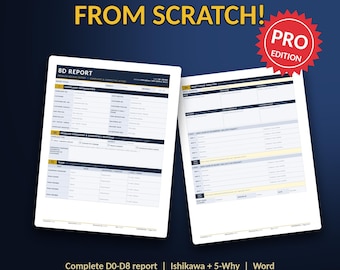 May include: Two pages of an 8D report template on a dark blue background. The text reads STOP WRITING 8Ds FROM SCRATCH! PRO EDITION. The forms include sections for complaint information, problem screening, emergency response, team, and root cause analysis.