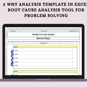 May include: A computer screen displaying a spreadsheet template for root cause analysis. The template is titled "5 Why Analysis Template in Excel" and "Root Cause Analysis Tool for Problem Solving". The spreadsheet has columns for "Date", "Doc no.", "Revision no.", and "Cause". The template is designed to help users identify the root cause of a problem by asking the question "Why?" five times.