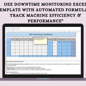 Può includere: Uno schermo di laptop che mostra un foglio di calcolo con il titolo "Pannello prestazioni OEE". Il foglio di calcolo include colonne per "Macchina", "Lotto di prodotto", "Scarto 1", "Scarto 2", "Produzione totale", "Tempo di funzionamento", "Tasso di funzionamento medio", "Disponibilità", "Prestazioni", "Qualità" e "OEE". Il foglio di calcolo include anche istruzioni per l'utilizzo del foglio di calcolo del calcolatore OEE.