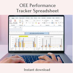 May include: A laptop computer displaying a spreadsheet with two charts titled "OEE Daily trend by machines". The charts show daily OEE trends for Machine 1 and Machine 2. The laptop is on a table with a person's hands typing on the keyboard.