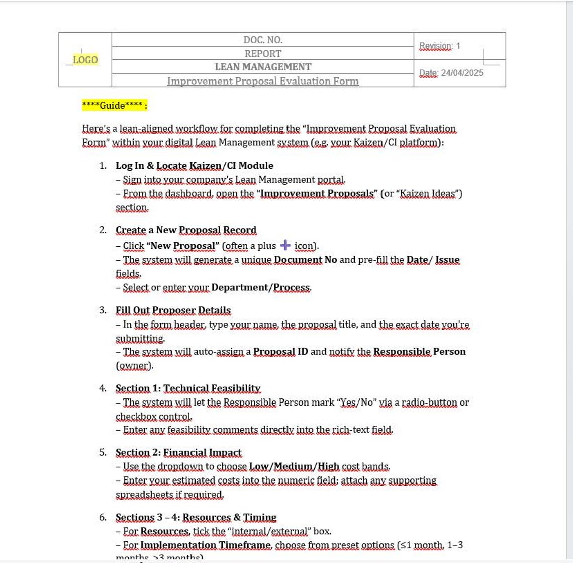 Kaizen Proposal Example Lean Management Improvement Proposal Form: Editable Kaizen Word ...
