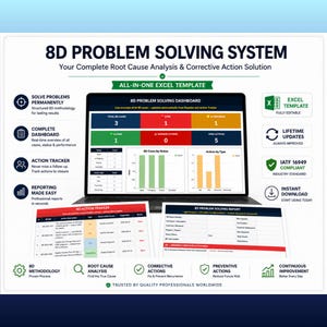 Puede incluir: Una plantilla de Excel para el sistema de resolución de problemas 8D que muestra un panel en la pantalla de una computadora portátil, un rastreador de acciones y un informe. Incluye etiquetas para análisis de causas y acciones.