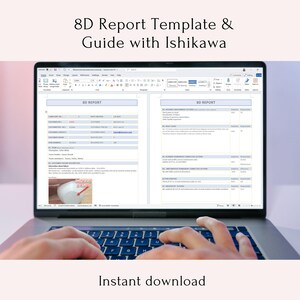 Puede incluir: Un ordenador portátil que muestra un documento titulado "Plantilla de informe 8D y guía con Ishikawa". El documento es una plantilla para un informe que incluye secciones para información del cliente, análisis de la causa raíz, acciones correctivas y acciones preventivas. El documento también incluye un diagrama de diagrama de espina de pescado, que es una herramienta utilizada para el análisis de la causa raíz.