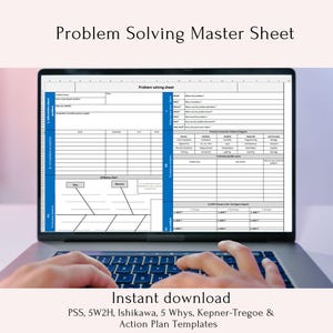 Könnte beinhalten: Ein Laptop-Bildschirm zeigt ein Problem-Solving-Master-Sheet mit einer Tabellenkalkulation und einem Ishikawa-Diagramm. Der Text "Problem Solving Master Sheet" befindet sich oben auf dem Bildschirm. Der Text "Sofort herunterladen" befindet sich unter dem Laptop. Der Text "PSS, 5W2H, Ishikawa, 5 Whys, Kepner-Tregoe & Action Plan Templates" befindet sich unter dem Text "Sofort herunterladen".