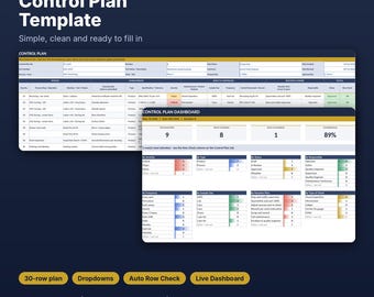 May include: An Excel template for a Control Plan ISO 9001, featuring a spreadsheet with process steps, characteristics, and a dashboard showing metrics like completeness percentage, row status, and various data charts for quality control.