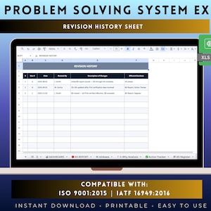 Może przedstawiać: Cyfrowy szablon arkusza kalkulacyjnego zatytułowany 8D PROBLEM SOLVING SYSTEM EXCEL zawierający arkusz historii zmian. Interfejs wyświetla kolumny dla numeru rewizji, daty, osoby wprowadzającej zmiany, opisu zmian oraz sekcji z ikoną pliku XLS.