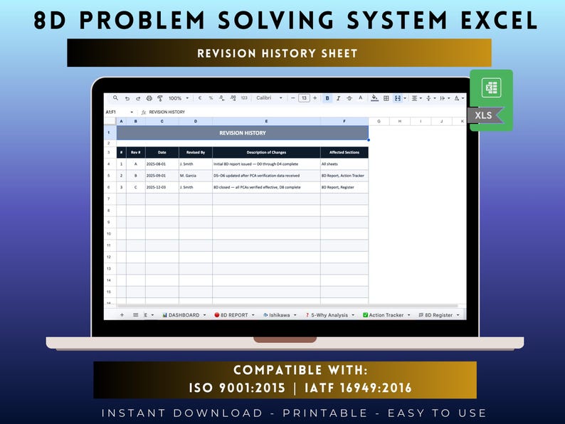 Może przedstawiać: Cyfrowy szablon arkusza kalkulacyjnego zatytułowany 8D PROBLEM SOLVING SYSTEM EXCEL zawierający arkusz historii zmian. Interfejs wyświetla kolumny dla numeru rewizji, daty, osoby wprowadzającej zmiany, opisu zmian oraz sekcji z ikoną pliku XLS.