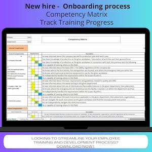 May include: A competency matrix table with the title "New hire - Onboarding process Competency Matrix Track Training Progress". The table lists different areas of competencies, required levels, and descriptions for each competency. The table is used to track the progress of new hires in their onboarding process.