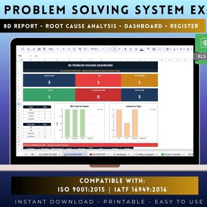 Może przedstawiać: Ekran laptopa wyświetlający pulpit nawigacyjny systemu rozwiązywania problem&oacute;w 8D w programie Excel z kolorowymi wykresami danych, tabelami status&oacute;w i metrykami. Interfejs zawiera sekcje raport&oacute;w 8D, analizy przyczyn źr&oacute;dłowych oraz rejestry.