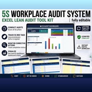 May include: A 5S Workplace Audit System Excel lean audit tool kit featuring a laptop displaying a 5S audit dashboard with charts and scores, alongside three spreadsheet templates for audit checklists, red tag registries, and action plan trackers.