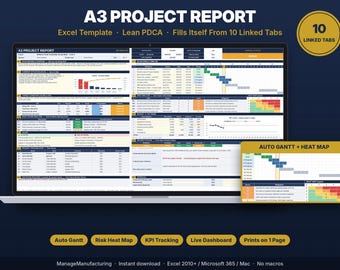 May include: An A3 Project Report Excel template displayed on a laptop screen, featuring 10 linked tabs, an auto Gantt chart, a risk heat map, and KPI tracking. The interface includes data tables, project status, and approval sections.