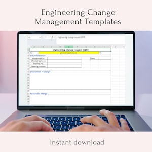 Puede incluir: Un portátil que muestra una plantilla de solicitud de cambio de ingeniería (ECR). La pantalla muestra una hoja de cálculo con campos como 'Información ECR' y 'Revisión del dibujo'. El texto 'Descarga instantánea' está en la parte inferior.