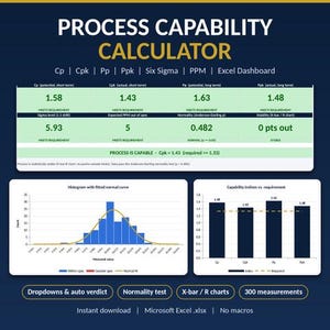 以下が含まれることがあります： Cp、Cpk、Pp、Ppkメトリクスのデータテーブルを備えたプロセス能力計算機Excelダッシュボードテンプレート。正規曲線付きヒストグラム、能力指数棒グラフ、Six Sigma、PPM、X-bar/Rチャートのラベルが含まれています。